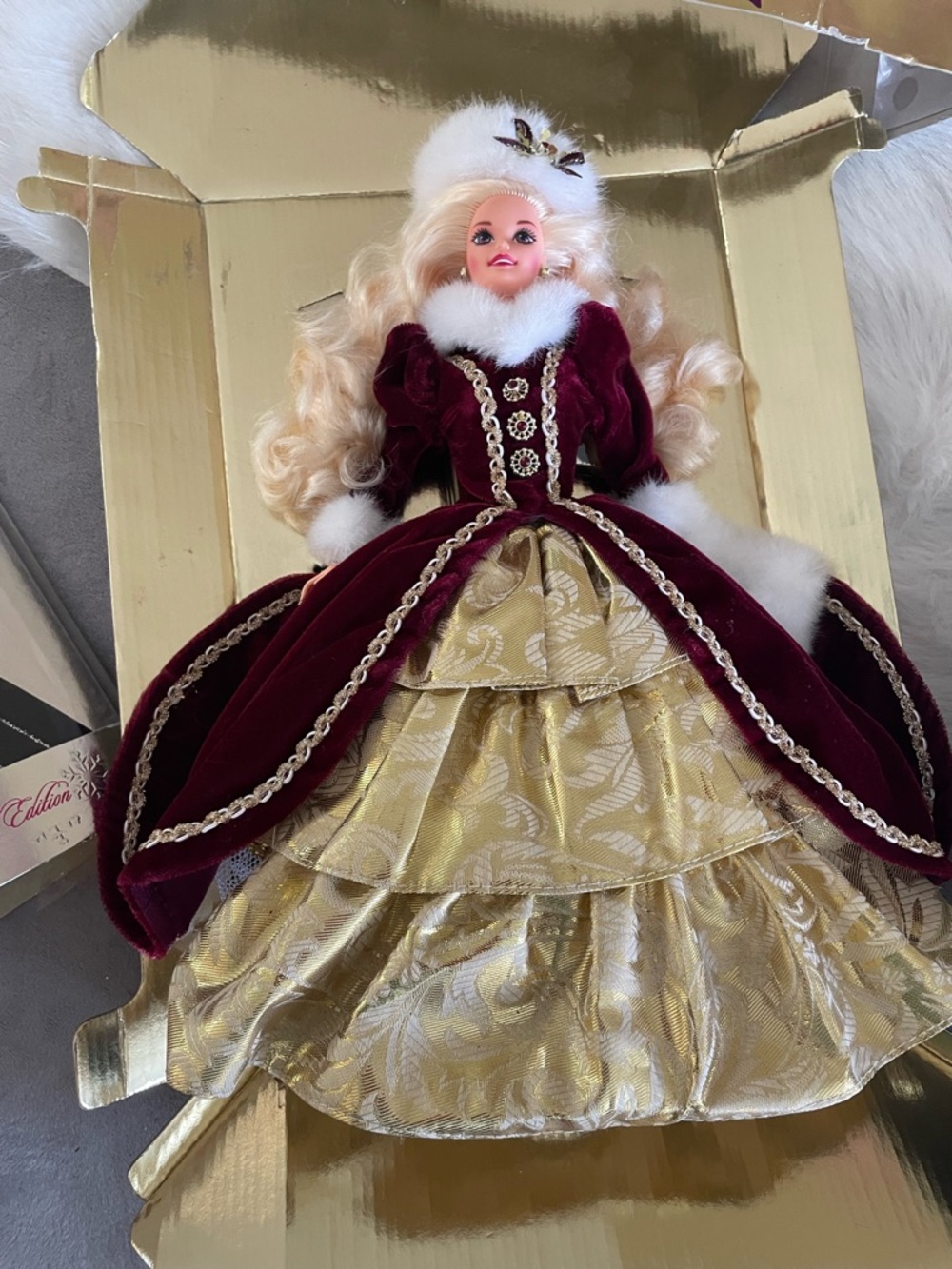 1996 Barbie Special Edition Gold and White Holiday Doll Display